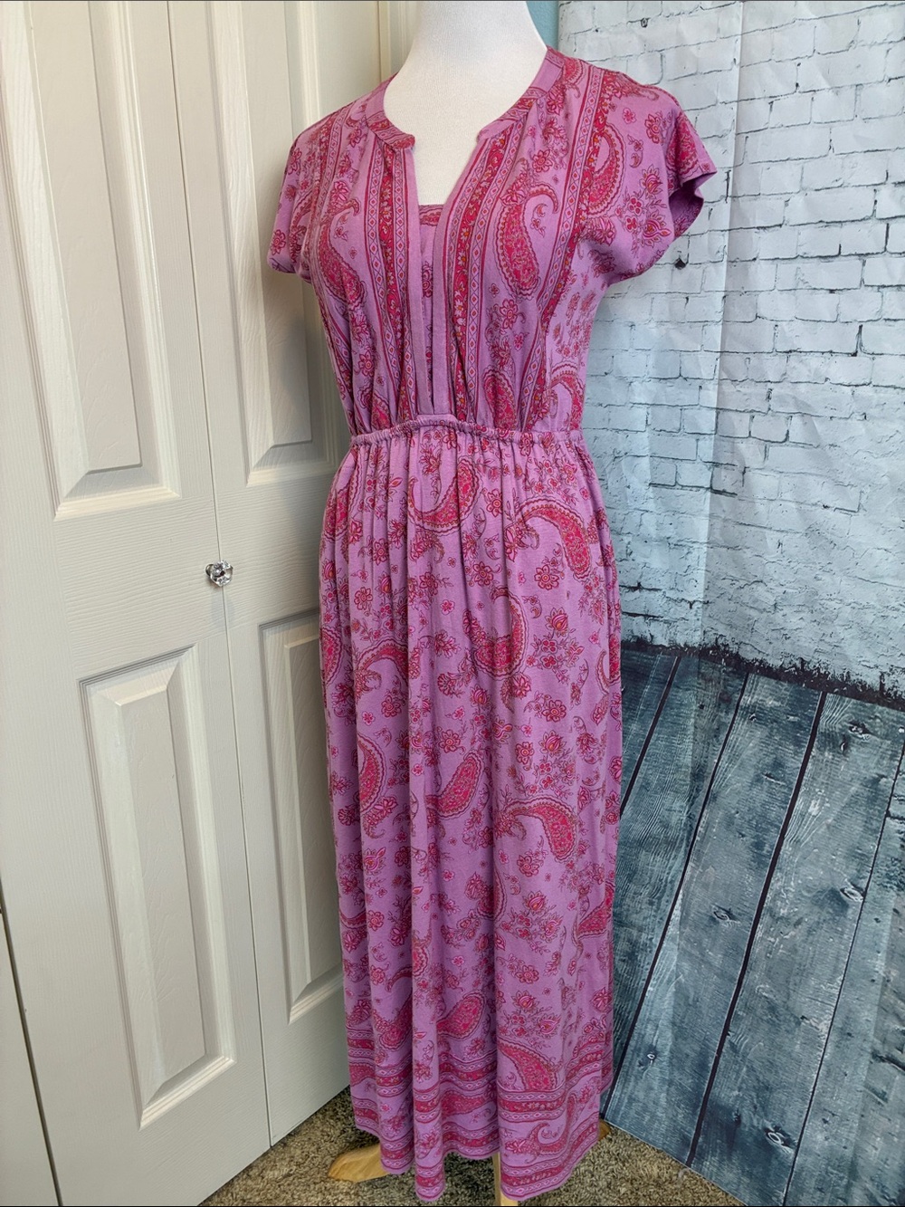 Pure Jill Border Print Maxi Dress Small Petite Pink Purple Paisley Casual NWT - Picture 7 of 16